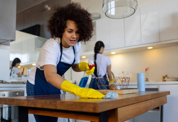 A curly hair girl clean the table.